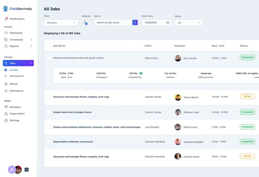 FieldServicely "All Jobs" dashboard showing 10 field service tasks with statuses, clients, and times.